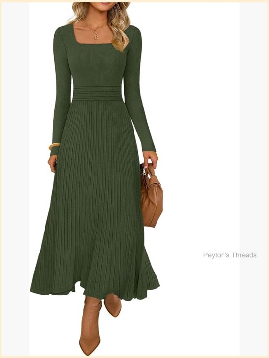 Dresses & Skirts - Long Sleeve Square Neck Pleated Knit Midi Dress for Women